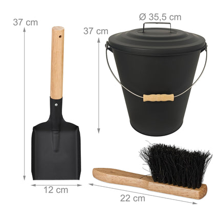 Ash Bucket with Brush and Shovel Set, Black Iron