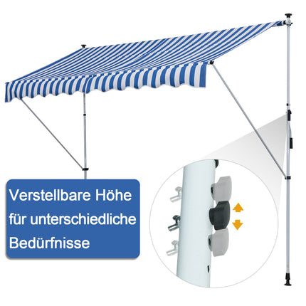 Adjustable folding arm awning, blue/white, 300x150cm