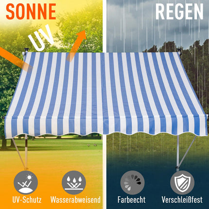 Adjustable folding arm awning, blue/white, 300x150cm
