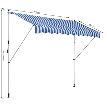 Adjustable folding arm awning, blue/white, 300x150cm