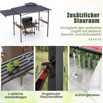 BBQ Pavilion with Side Awning, Double Roof, Gray, 318x153x250cm