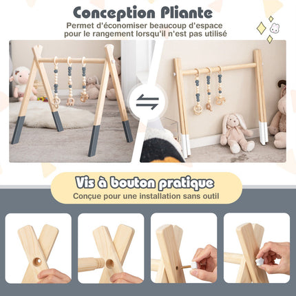 Baby Activity Gym, Foldable Wooden Play Gym With 3 Toys