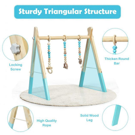 Baby Activity Gym, Wooden Foldable Frame, 3 Hanging Toys – Blue