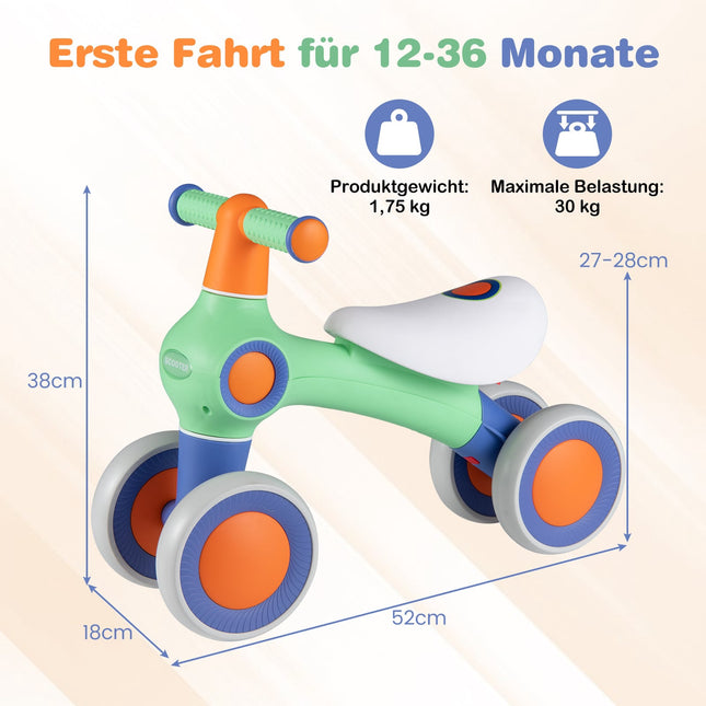 Baby Balance Bike – Adjustable Seat, 4 Silent Wheels, Green