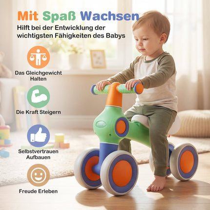Baby Balance Bike – Adjustable Seat, 4 Silent Wheels, Green