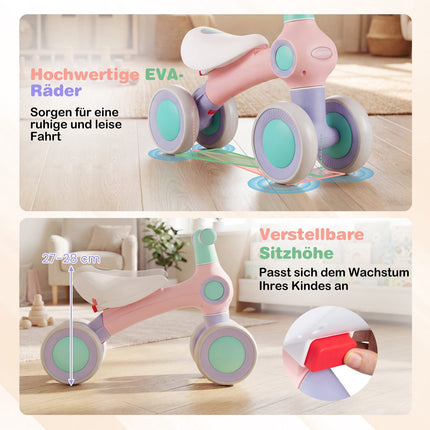 Baby Balance Bike, Adjustable Seat, 4 Silent Wheels, Pink