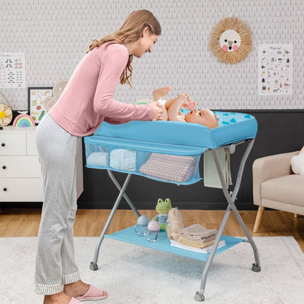 Baby Changing Table With Safety Belt, Foldable, Casters