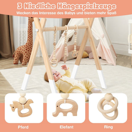 Baby Gym, Foldable Wooden Play Gym with Toys, 60x44x60 cm
