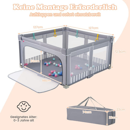 Baby Playpen, 127x127 cm, Foldable with Zipper Door