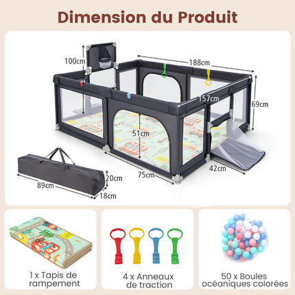 Baby Playpen 188 x 157 cm, Mat, Hoop, 50 Balls