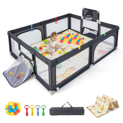 Baby Playpen With Mat and 50 Balls, 81 x 57 in, Gray