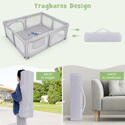 Baby Playpen with 4 Pull Rings & 50 Ocean Balls & Breathable Mesh & Carry Bag Light Gray
