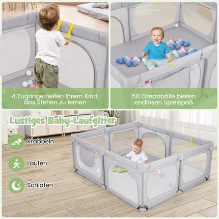 Baby Playpen with 4 Pull Rings & 50 Ocean Balls & Breathable Mesh & Carry Bag Light Gray