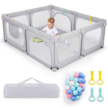 Baby Playpen with 4 Pull Rings & 50 Ocean Balls & Breathable Mesh & Carry Bag Light Gray