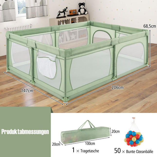 Baby Playpen with 50 Balls & 2 Doors, Breathable Mesh, 205x147 cm