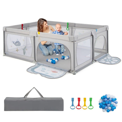 Baby Playpen with 50 Balls & 2 Doors & Breathable Mesh & Zipper Gray Fish