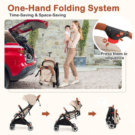 Baby Stroller, Quick-Fold, 95–175 Recline, Canopy, Beige