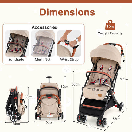 Baby Stroller, Quick-Fold, 95–175 Recline, Canopy, Beige