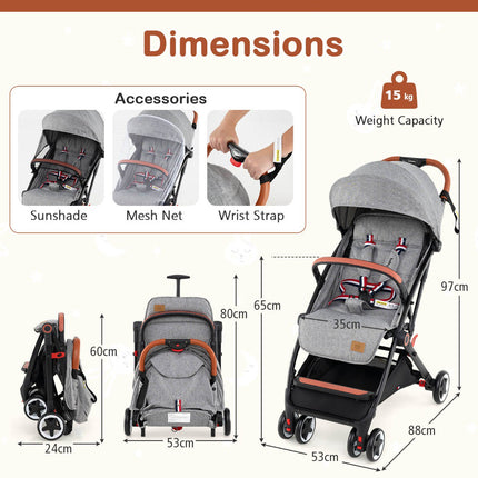 Baby Stroller With Canopy, 95-175 Recline, Gray