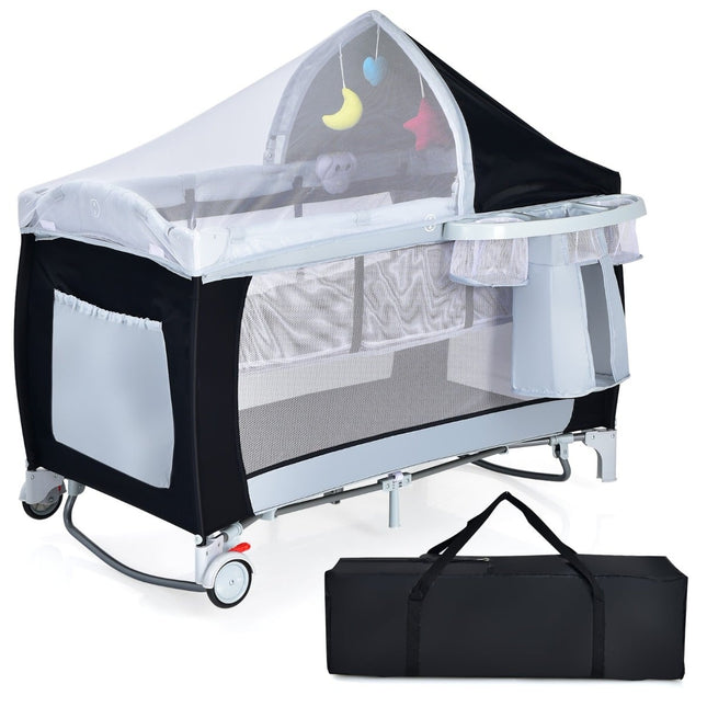 Baby Travel Cot with Bassinet, Playpen, and Rocking Function