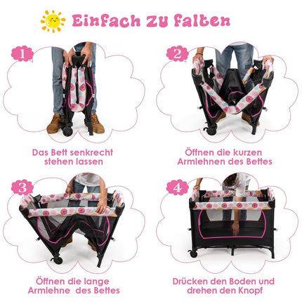 Baby bed 4 in 1 folding travel bed & side bed & changing table & playpen black + pink