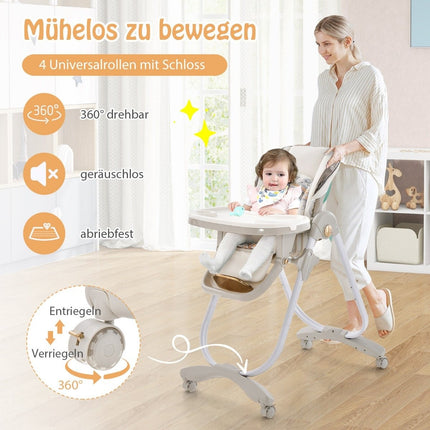 Baby high chair folding baby chair with reclining function wheels & double tray 96.5 x 55 x 99-109 cm gray