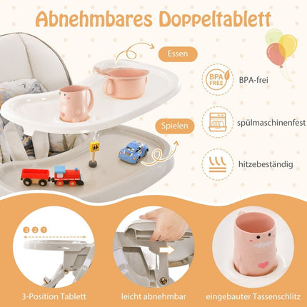 Baby high chair folding baby chair with reclining function wheels & double tray 96.5 x 55 x 99-109 cm gray