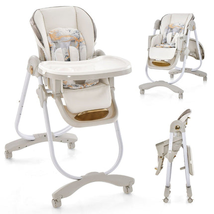 Baby high chair folding baby chair with reclining function wheels & double tray 96.5 x 55 x 99-109 cm gray