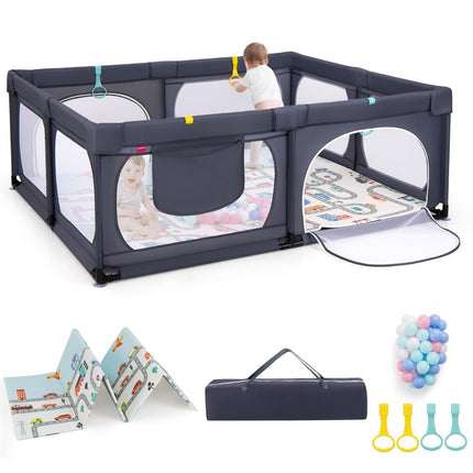 Baby playpen with mattress & 50 play balls & 4 pull rings & 4 zipper doors dark grey