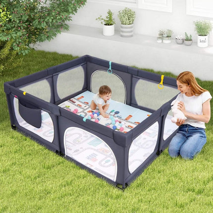 Baby playpen with mattress & 50 play balls & 4 pull rings & 4 zipper doors dark grey
