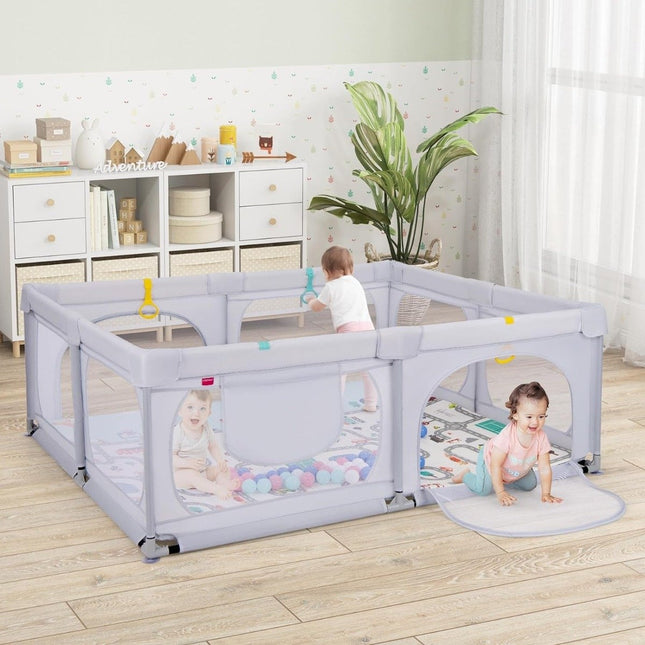 Baby playpen with mattress & 50 play balls & 4 pull rings & 4 zipper doors light grey