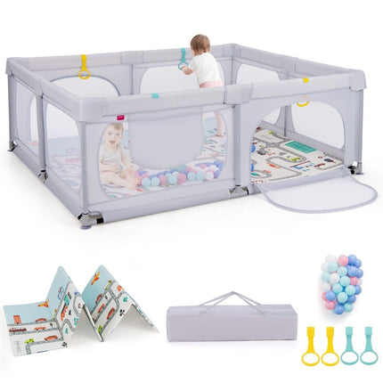 Baby playpen with mattress & 50 play balls & 4 pull rings & 4 zipper doors light grey