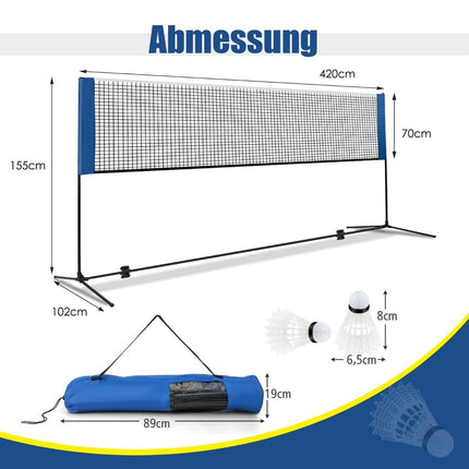 Badminton net with stand, shuttlecock net height adjustable with 2 shuttlecocks & carrying bag 420 x 102 x 89-155 cm