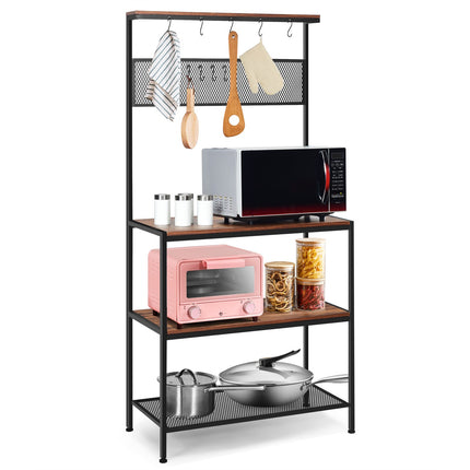 Baker's Rack, 4-Tier Shelving with Hooks and Mesh Panel