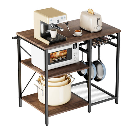 Bakers Rack, 900mm Wide, 5 Hooks, 3-Tier Shelf