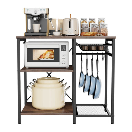 Bakers Rack, 900mm Wide, 5 Hooks, 3-Tier Shelf