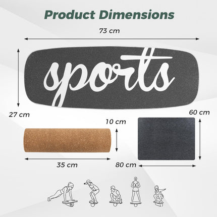 Balance Board Trainer with Cork Roller, Stoppers, 73x27 cm