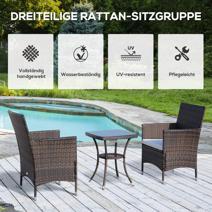 Folding rattan bistro set with cushions, brown 60x58.5x89.5 cm