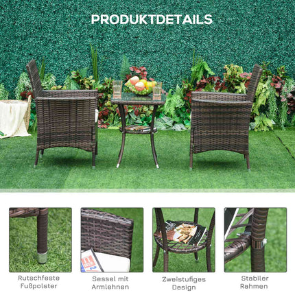 Folding rattan bistro set with cushions, brown 60x58.5x89.5 cm