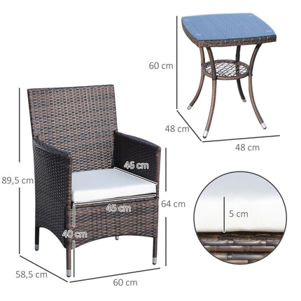 Folding rattan bistro set with cushions, brown 60x58.5x89.5 cm