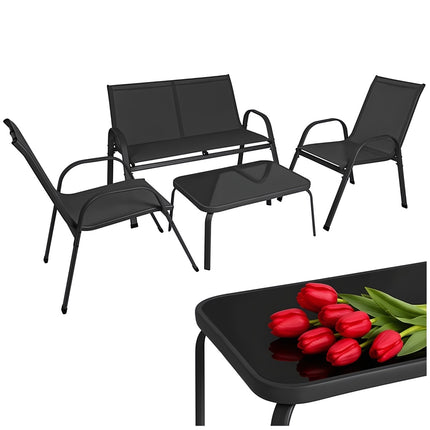 Balcony Furniture Set with Sofa, 2 Armchairs and Glass Table, Black, 4 Seats