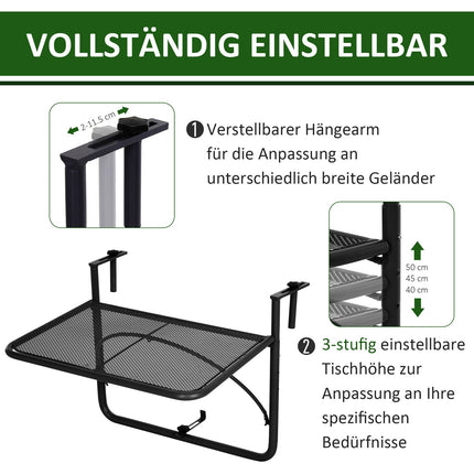 Balcony Adjustable square hanging table in metal, black, 60x56.5x45cm