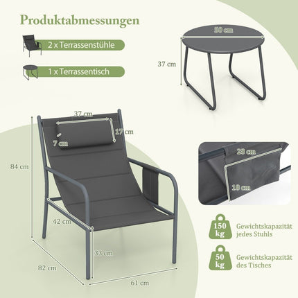 Balcony furniture set 3 pieces. Garden furniture set with 2 chairs & table balcony set with breathable seat fabric gray