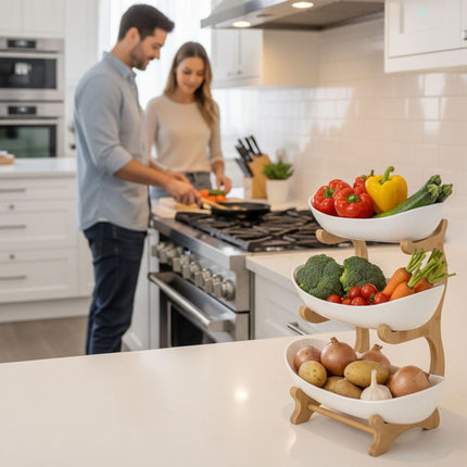 Bamboo 3-Tier Fruit Stand With Easy-Clean Bowls