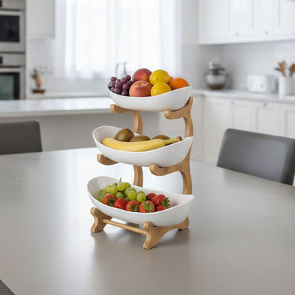 Bamboo 3-Tier Fruit Stand With Easy-Clean Bowls