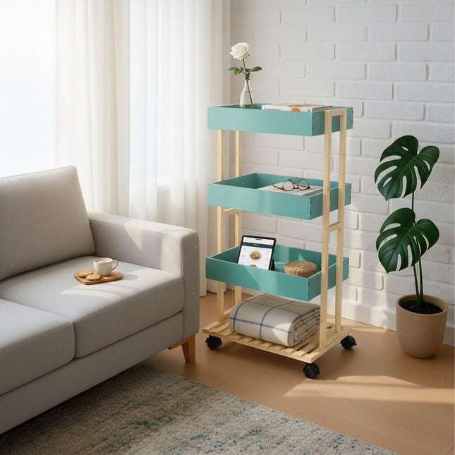Bamboo 4-Tier Rolling Serving Trolley with Brakes