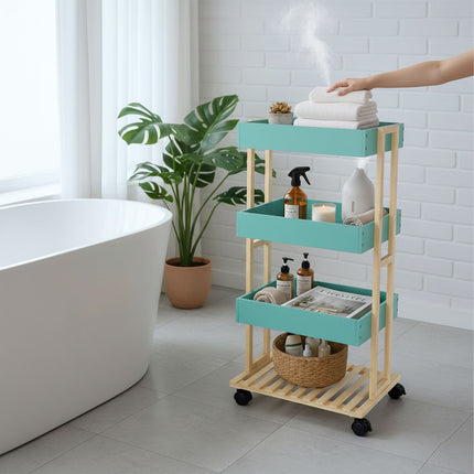Bamboo 4-Tier Rolling Serving Trolley with Brakes