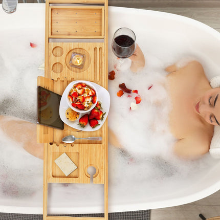 Bamboo Bath Tray with Adjustable Book and Wine Holder