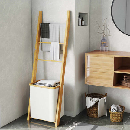 Bamboo Bathroom Shelf with 3 Towel Bars & 48L Laundry Basket