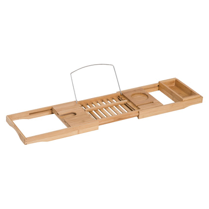 Adjustable bamboo bathtub shelf with cushion, natural wood